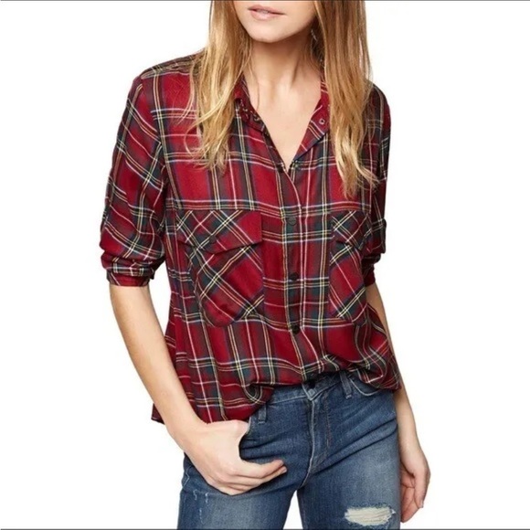 Sanctuary Button Front Tartan Plaid Boyfriend Pocket Shirt NWT - Picture 1 of 10